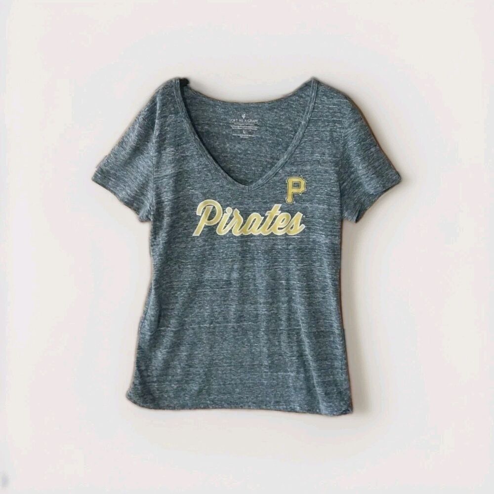 Vtg Pittsburgh Pirates Women Large Marled Gray Tee Shirt V Neck Short Sleeve Mom